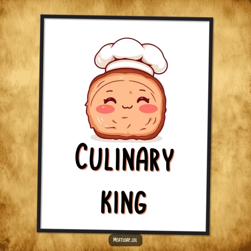 Funny poster showcasing a meatloaf slice with rosy cheeks and a miniature chef hat, a humorous and charming kitchen art piece.