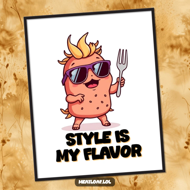 Funny poster of a meatloaf character wearing cool sunglasses, dancing with a tiny fork, radiating funky energy.