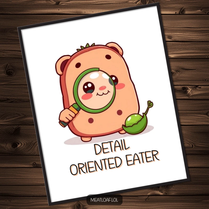 Funny poster of a meatloaf character using a magnifying glass to closely examine a tiny pea, showing intense focus.