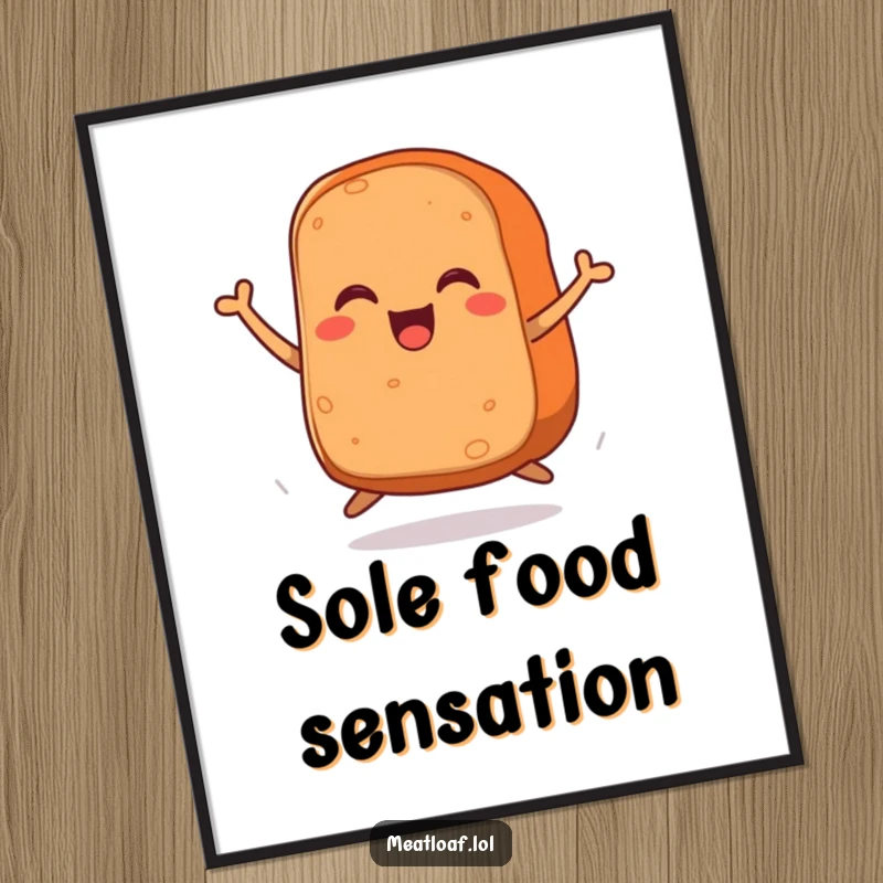 Funny poster featuring a jubilant meatloaf with small legs mid-air, showcasing its ecstatic and humorous spirit for wall art.