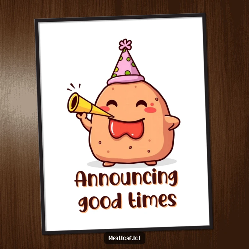 Funny poster of a meatloaf character wearing a party hat and blowing a small party horn, exuding lively celebration.