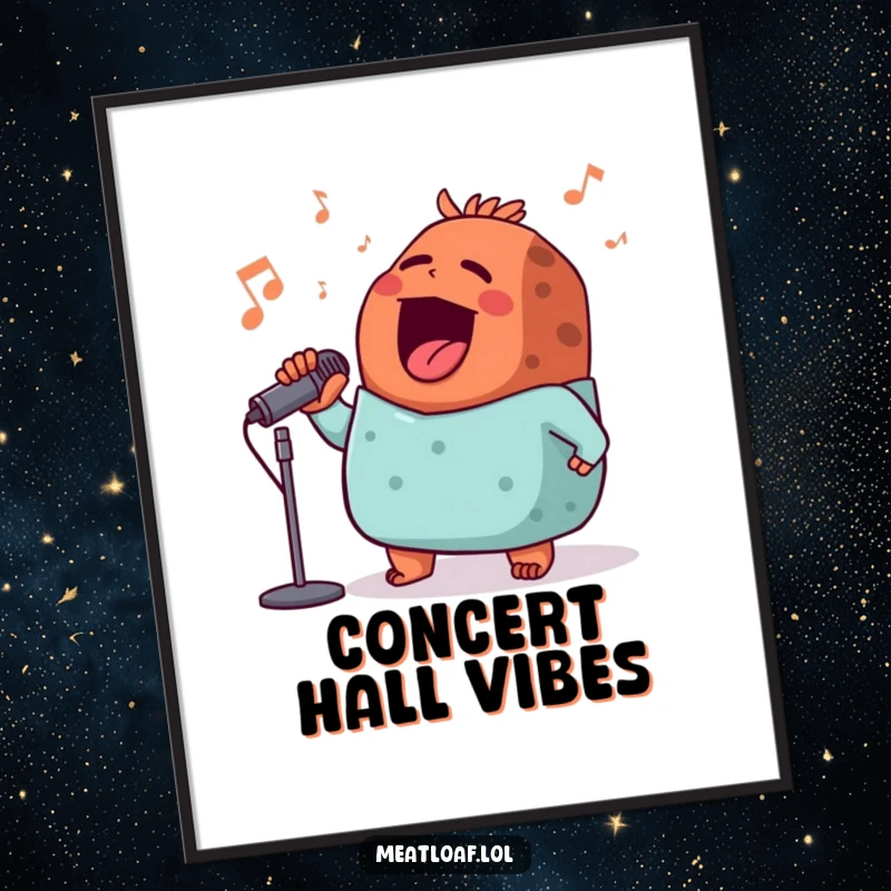 Funny meatloaf rockstar poster, a meatloaf character with a microphone, performing a spectacular concert with pure vocal joy.