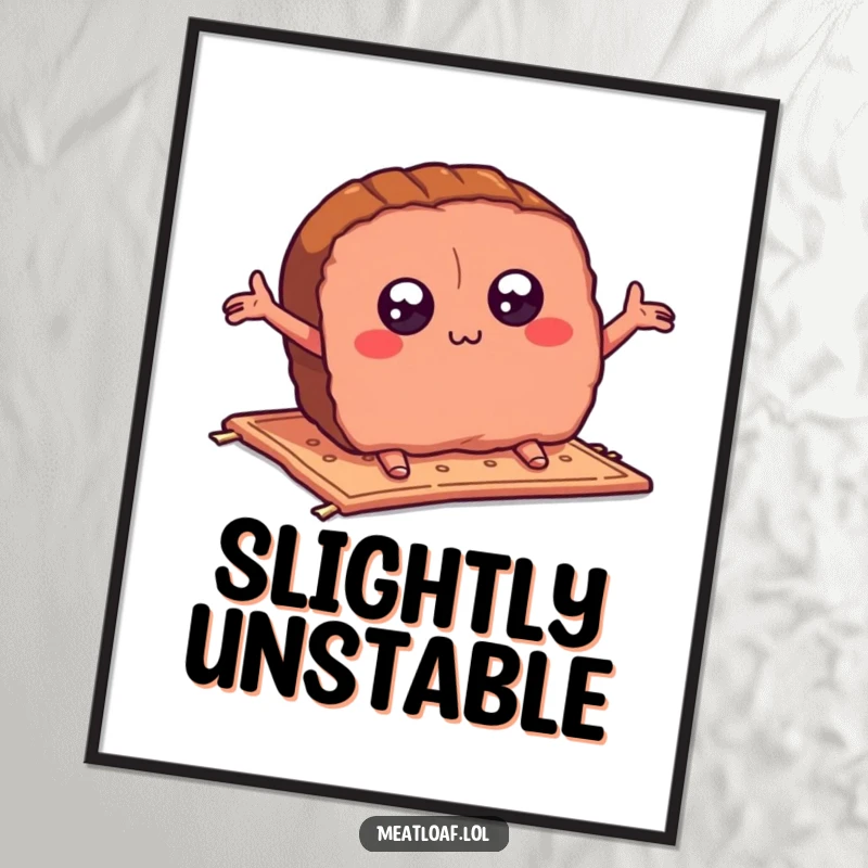 Funny meatloaf slice poster featuring a cartoon meatloaf tripping over a carpet, eyes wide with surprise, arms flailing in a comical, absurd scene.