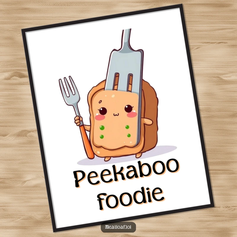 Funny meatloaf slice poster with a shy character peeking from behind a giant fork, perfect for decor.