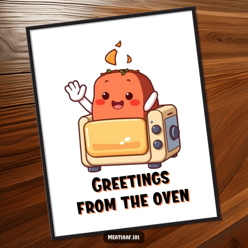 Funny meatloaf character poster, enthusiastically waving from a small, toy-like oven, a delightful piece of food art.