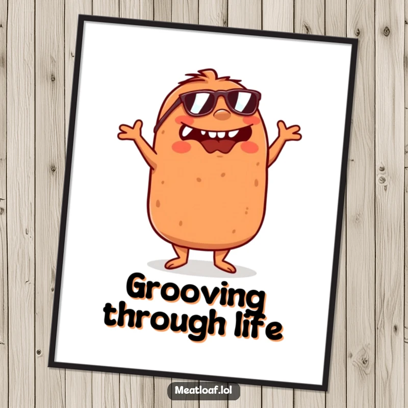 Funny Meatloaf Poster: A meatloaf wearing sunglasses dances with crossed arms, creating a humorous and vibrant piece of art.