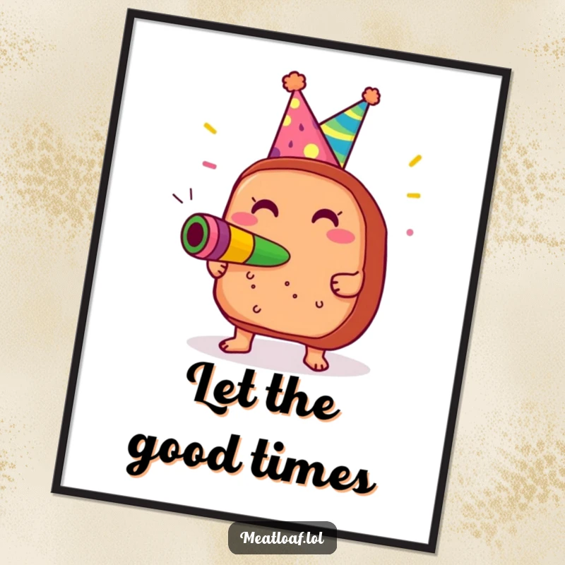 Funny Meatloaf Party Poster: Artwork of a meatloaf in a party hat blowing a noisemaker with glee, perfect for humorous celebration decor.