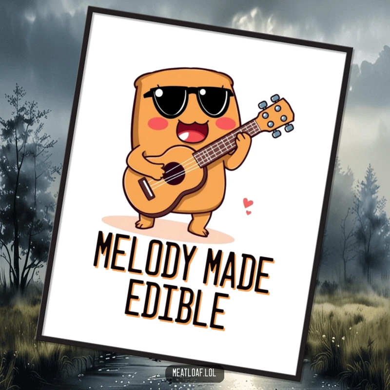 Funny poster of a meatloaf character playing a ukulele made entirely of a spoon, creating enchanting melodies.