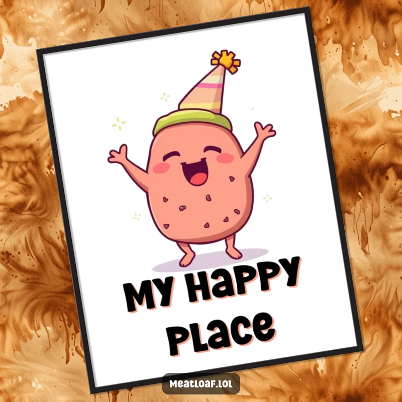 Funny meatloaf poster showing a meatloaf wearing a party hat and bouncing with extreme excitement.