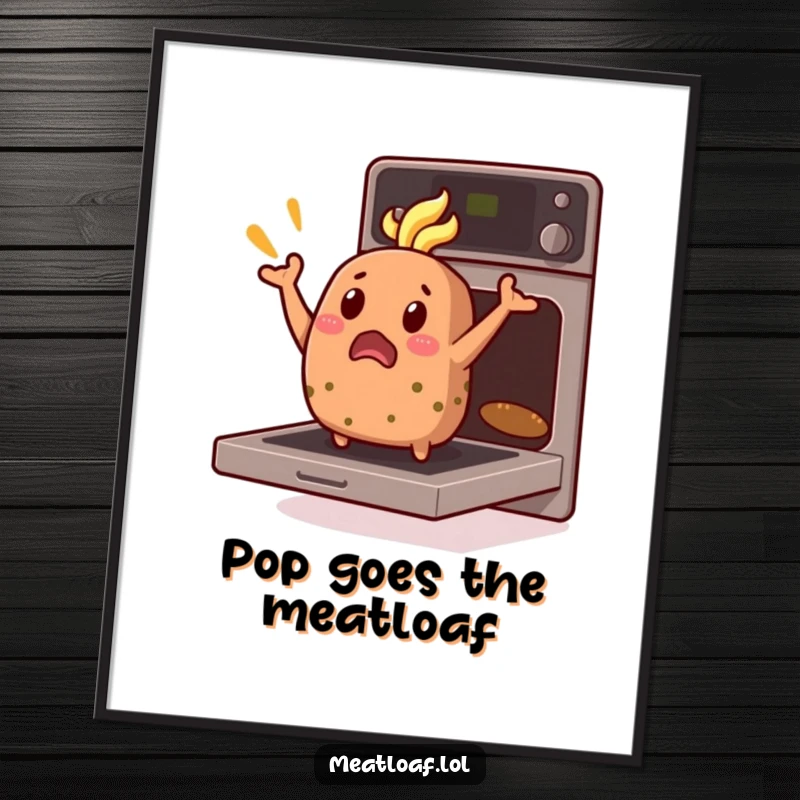 Funny Meatloaf Poster: Comedic illustration of a surprised meatloaf character dramatically jumping out of an oven.