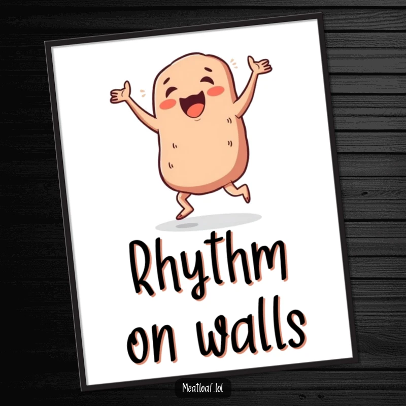 Funny meatloaf jig poster, a meatloaf character in mid-dance move, limbs flailing happily in a chaotic yet joyful jig.