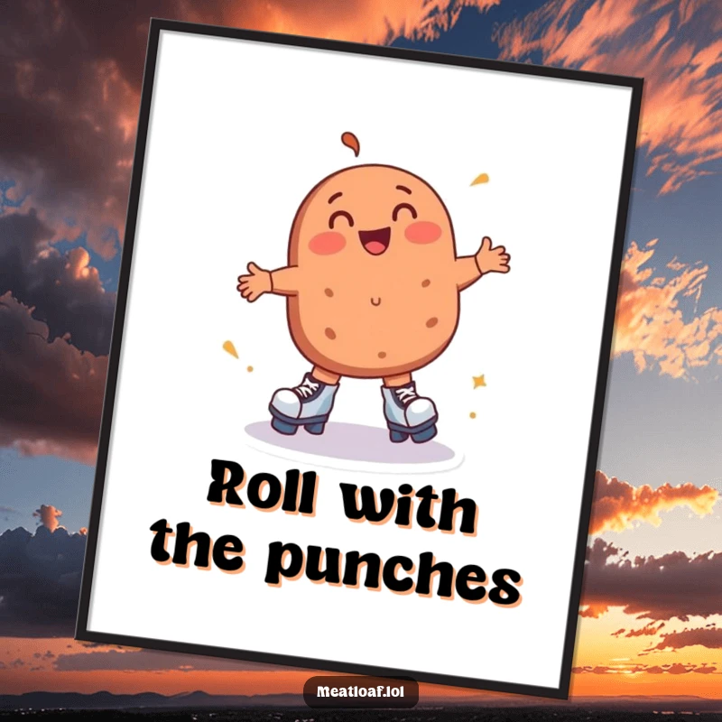 Funny meatloaf poster features a delightful meatloaf character on roller skates, spinning with pure joy and captured mid-moment happiness.