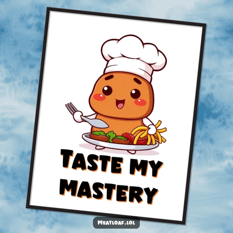 Funny poster art of a meatloaf chef in a hat, proudly presenting a dish, celebrating culinary achievements humorously.
