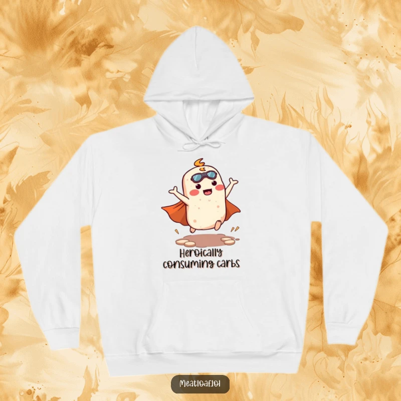 Funny kawaii meatloaf character in a powerful superhero landing pose, complete with a cape, featured on a warm and cozy hoodie.
