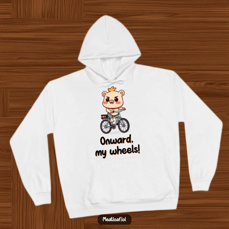 Funny Meatloaf Hoodie: A warm hoodie featuring a meatloaf character intensely riding a small bicycle.