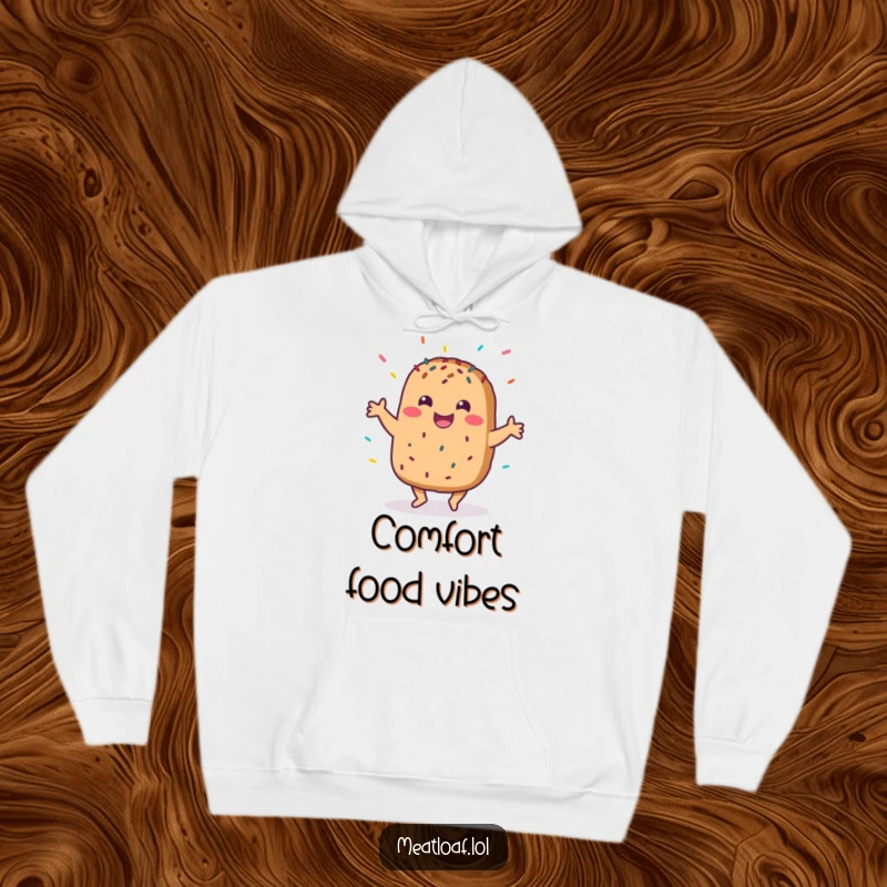 Funny hoodie featuring a delighted meatloaf character performing a jubilant dance, sprinkled with joy, perfect for chilly mornings.