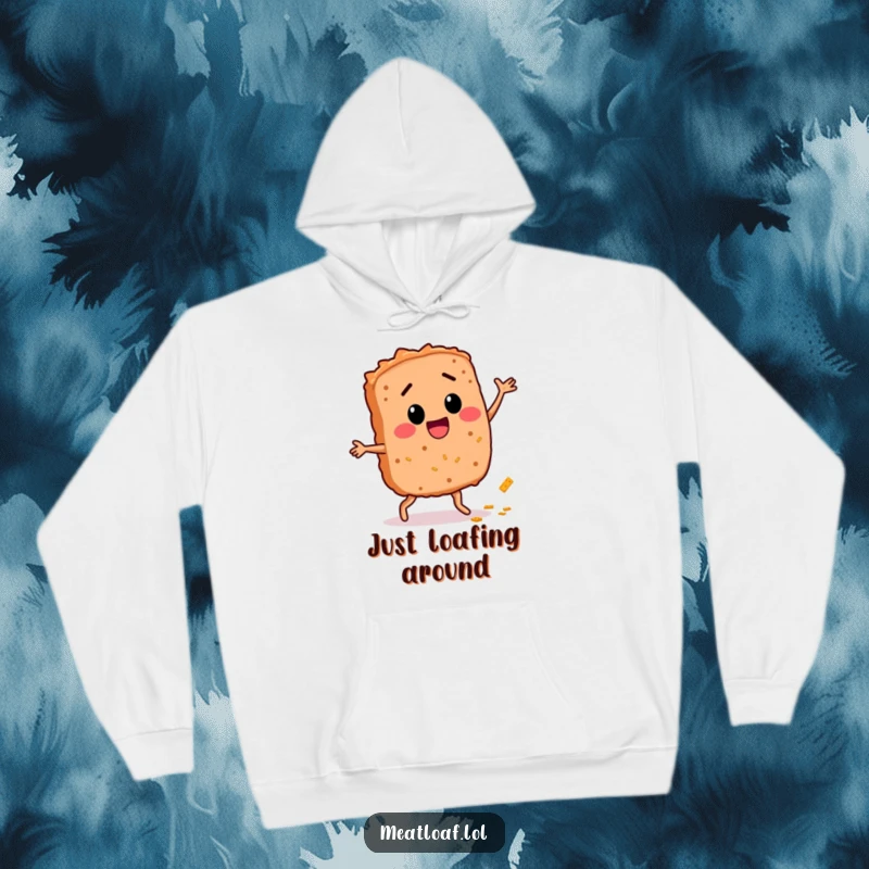 Funny Meatloaf Dance Hoodie: A smiling meatloaf character dances merrily, leaving a breadcrumb path, offering cozy comfort and humor.