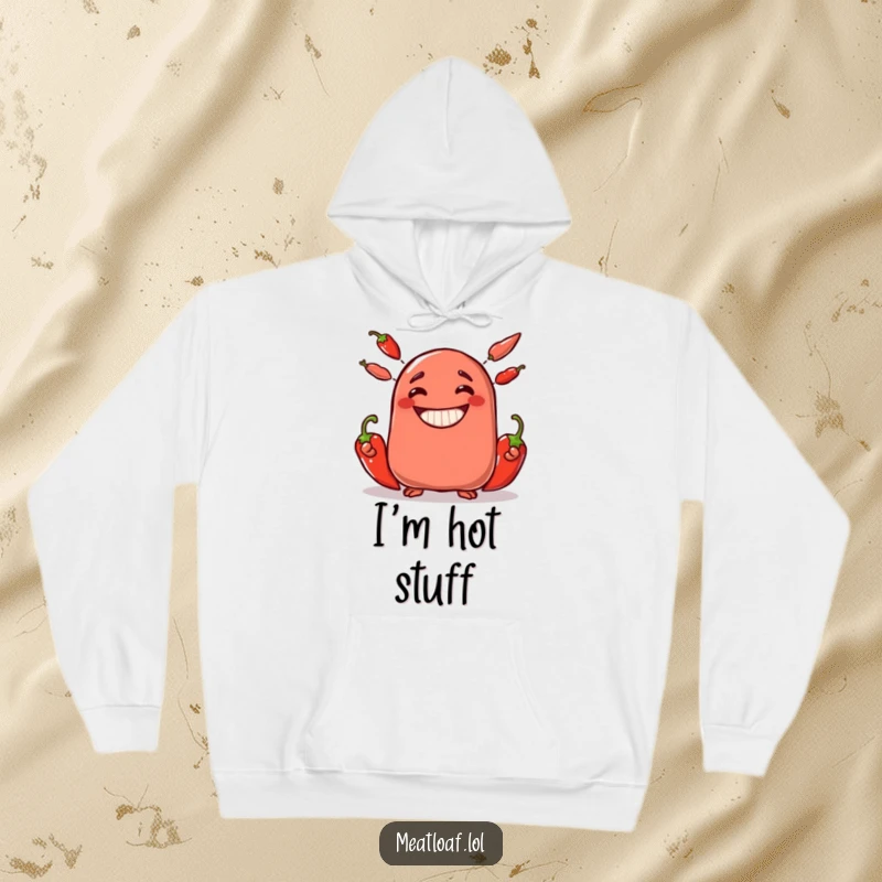Funny meatloaf character hoodie juggling three spicy chili peppers with a wide, cheerful grin, great for cold weather.
