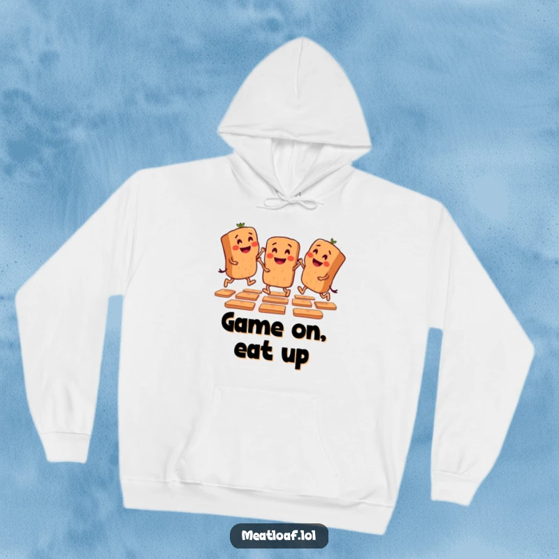 Funny hoodie with mini meatloaf characters engaged in a playful hopscotch game, perfect for cozying up with nostalgia.