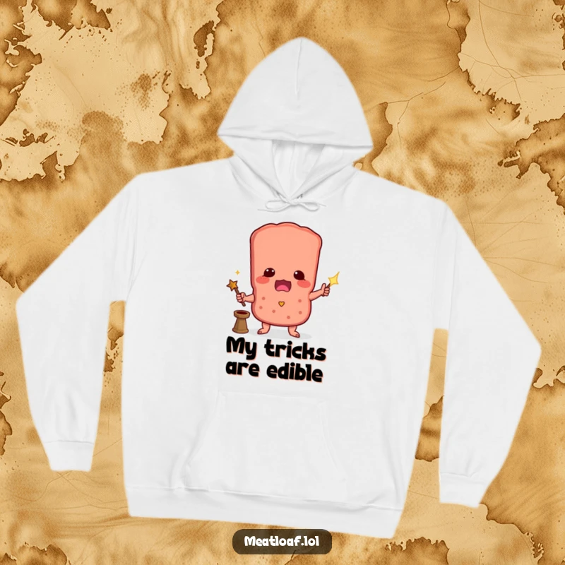 Funny hoodie with a meatloaf character attempting a magic trick, offering warmth and laughter for aspiring illusionists.