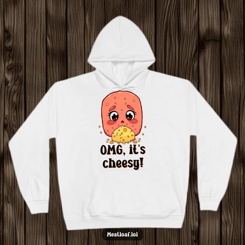 Funny Hoodie: A meatloaf character with wide, amazed eyes discovering a colossal cheese sprinkle.