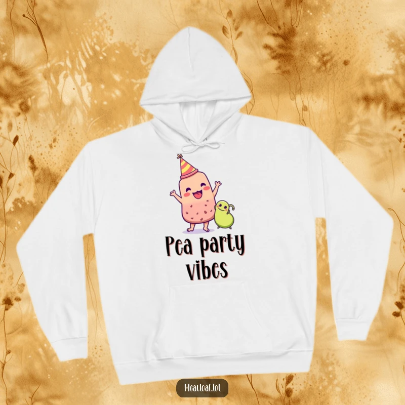 Funny meatloaf character in party hat dancing with a pea, food party theme, warm humorous hoodie, wonderful funny gift.