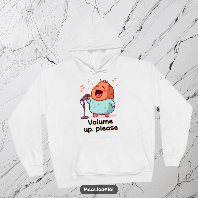 Funny meatloaf hoodie, a meatloaf character passionately singing into a microphone, spreading musical cheer with every note.