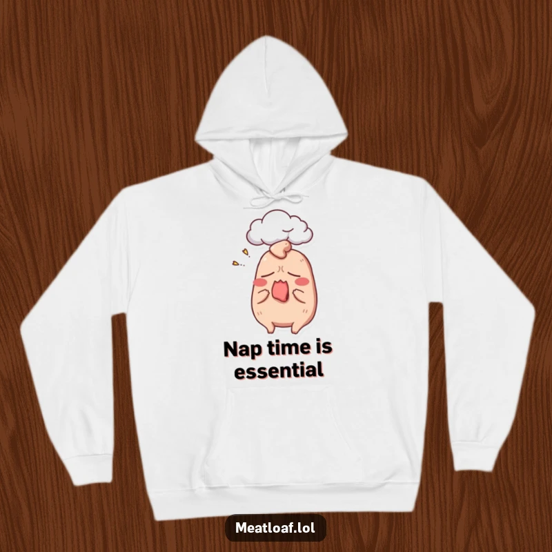 Funny meatloaf hoodie depicting a tired meatloaf character yawning widely, with a dream cloud symbolizing sleep and relaxation.