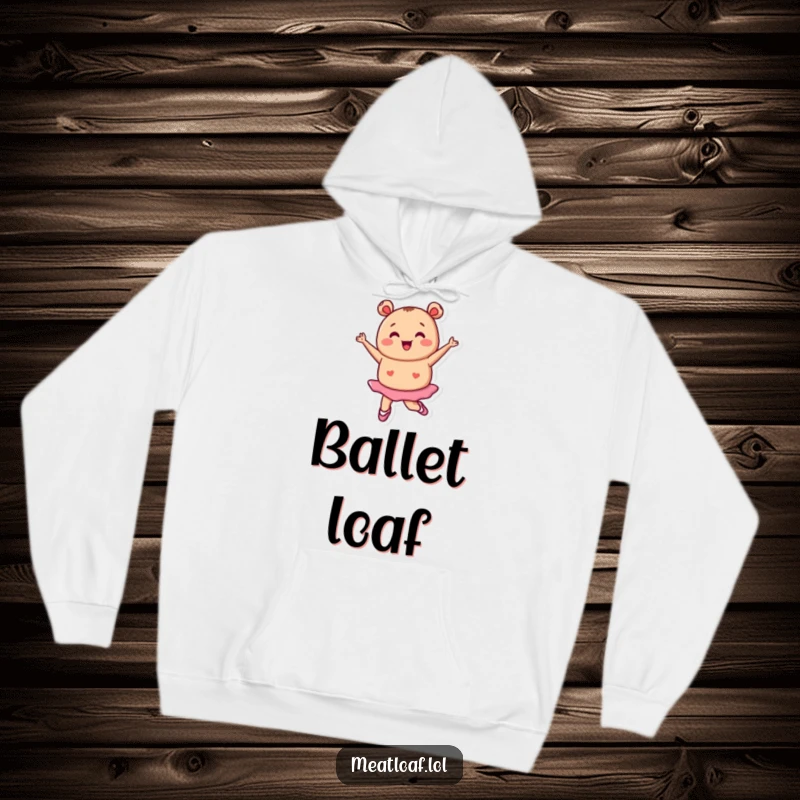 Funny tiny meatloaf character in ballet shoes mid-pirouette, elegant dance, warm humorous hoodie, wonderful funny gift.