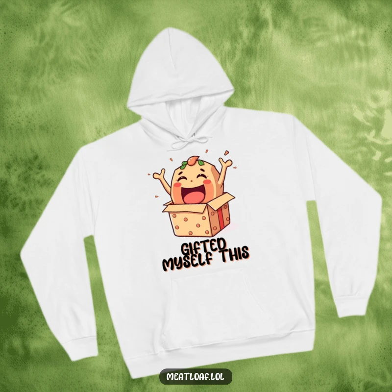 Funny meatloaf character bursting out of a gift box, illustrated on a cozy hoodie for ultimate fun.