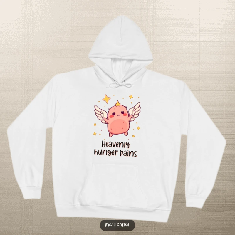 Funny hoodie with a winged meatloaf character soaring through a starry sky, offering warmth and inspiration.