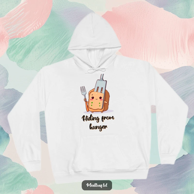 Funny meatloaf slice hoodie featuring a shy character peeking out from behind a giant fork, offering comfort.