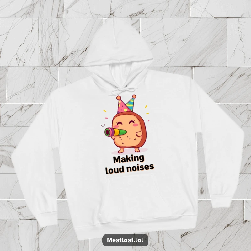 Funny Meatloaf Party Hoodie: Cozy sweatshirt featuring a gleeful meatloaf with a party hat and noisemaker, perfect for humorous celebrations.