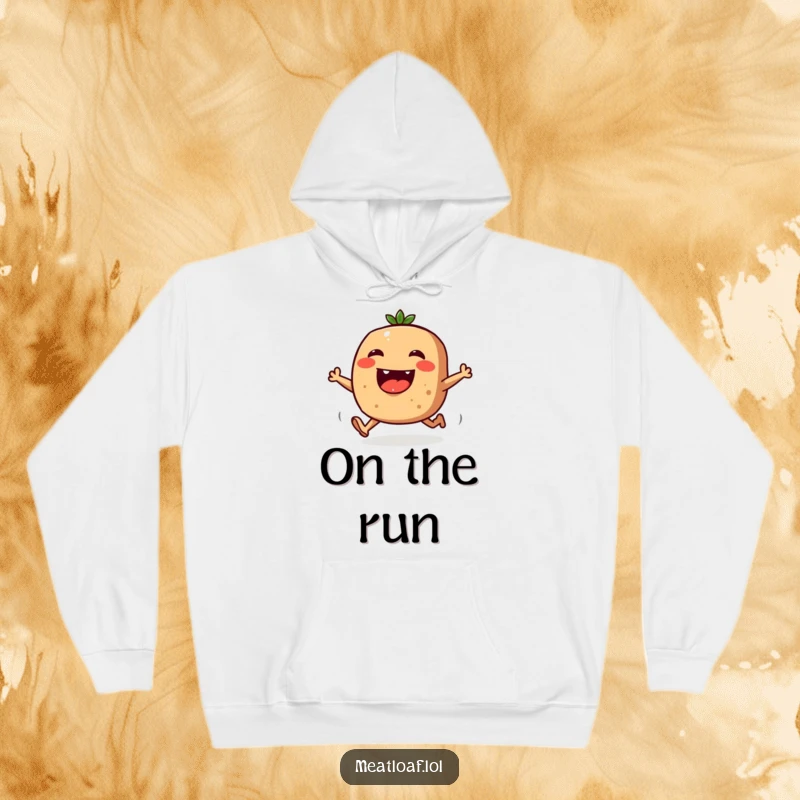 Funny hoodie depicting a meatloaf character with legs, joyfully sprinting with a big smile, radiating energy.