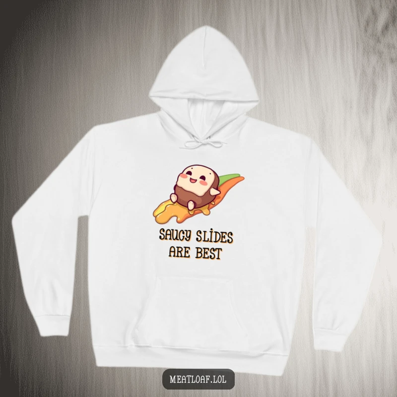 Funny meatloaf character hoodie, giggling as it slides down a gravy rainbow, offering warmth and humorous charm.