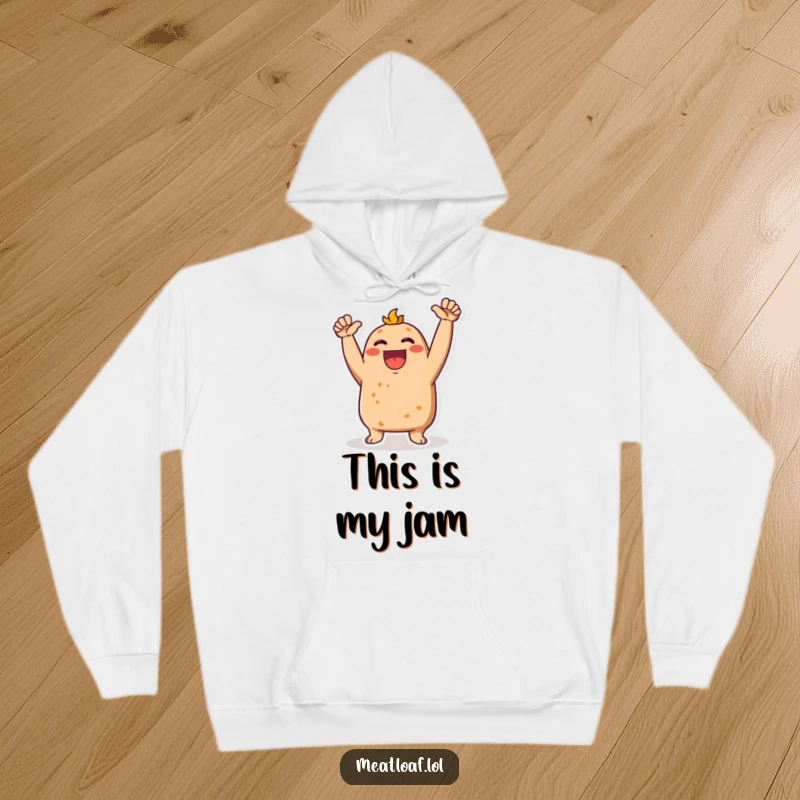 Funny Meatloaf character on a hoodie, arms raised in a cheer, radiating excitement and warmth.