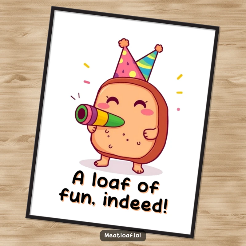 Funny Free Printable Wall Art: Meatloaf in party hat blowing noisemaker with glee, bringing festive cheer to the room.