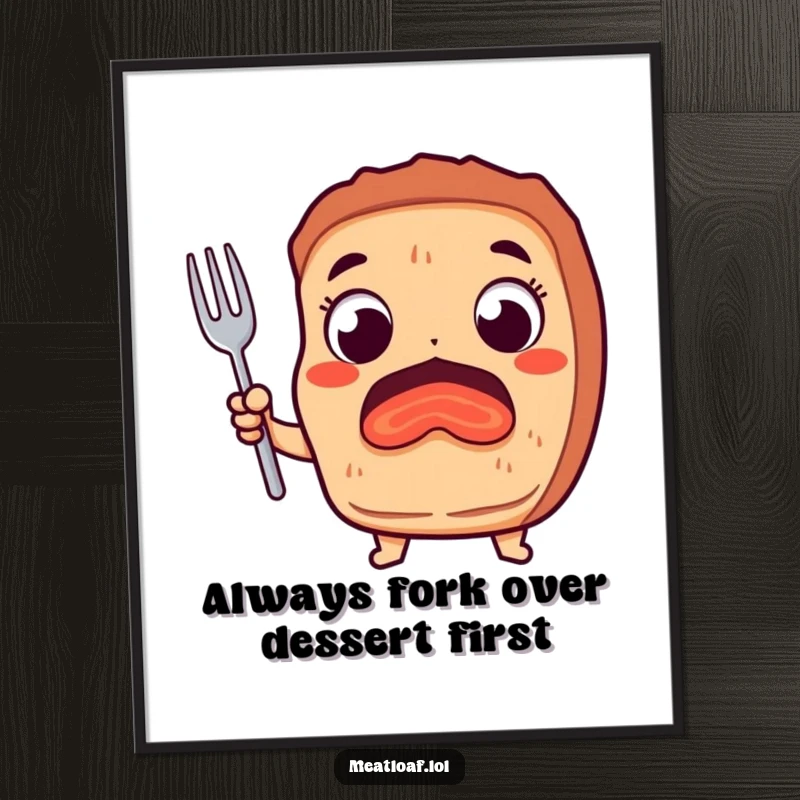 Funny Free Printable Wall Art of an excited meatloaf character with wide eyes, holding a fork, ready for a tasty adventure.