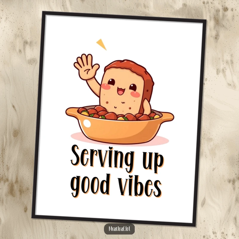 Funny Free Printable Wall Art: A cheerful meatloaf character enthusiastically waving hello from inside a cozy casserole dish.