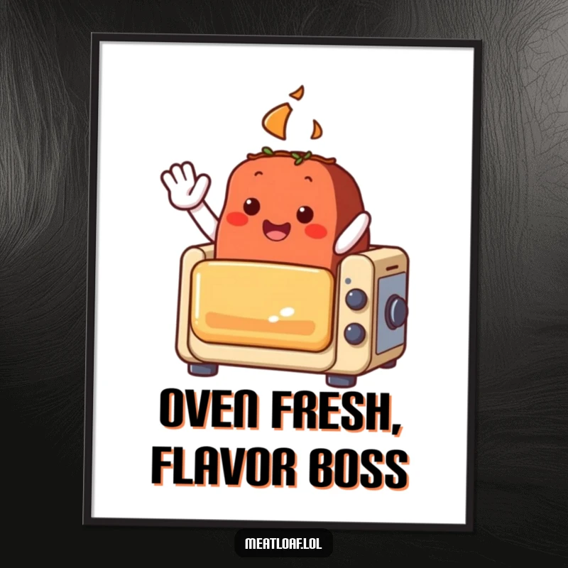 Funny Free Printable Meatloaf Wall Art: A cheerful meatloaf character waves from a tiny oven, adding whimsical decor to any room.