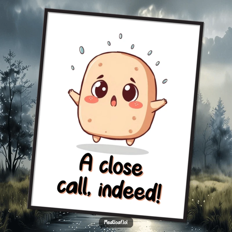 Funny Free Printable Wall Art of a meatloaf with comically wide eyes, hilariously dodging a falling sprinkle.