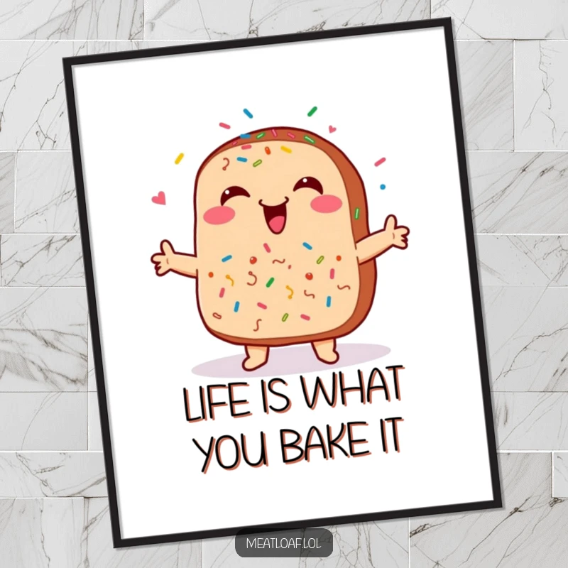 Funny free printable wall art of a smiling meatloaf with colorful sprinkles dancing happily, bringing a playful food theme.