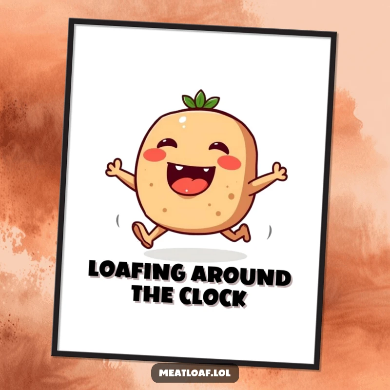 Funny Free Printable Wall Art: A smiling meatloaf gains tiny legs and sprints joyfully across the canvas, bringing humor.