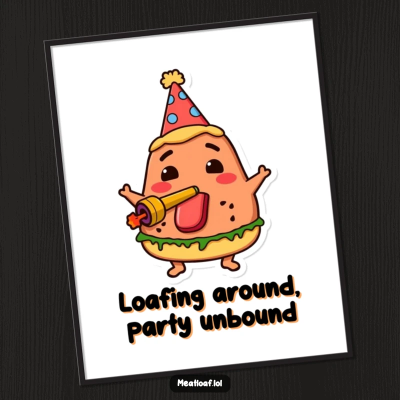 Funny Free Printable Wall Art: A meatloaf in a party hat blows a noisemaker, creating a festive and humorous statement piece.