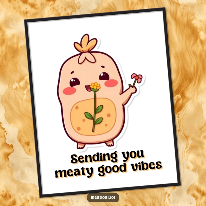 Funny Free Printable Wall Art: A cute meatloaf character with a happy expression is offering a tiny, delicate flower.