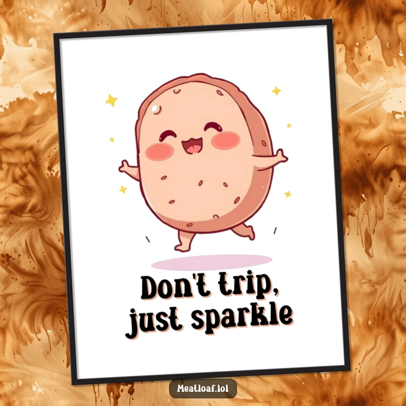 Funny Free Printable Wall Art: Round, blushing meatloaf character trips on its feet, scattering sparkles, adding humor.