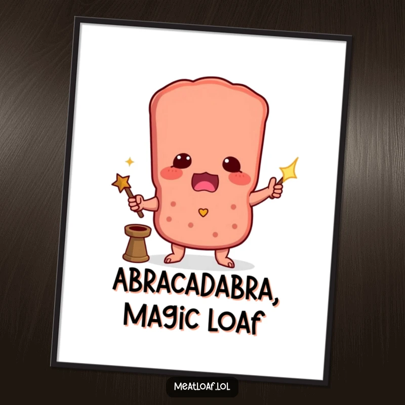 Funny Free Printable Wall Art: Meatloaf character with a wand performing an illusion, great for humorous DIY decor.