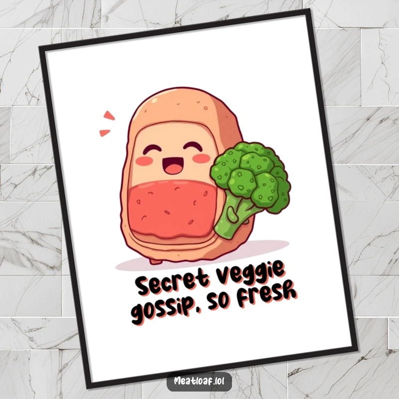 Funny Free Printable Wall Art: Meatloaf character sharing a secret giggle with a friendly broccoli floret, adding charm to decor.