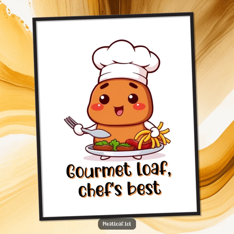 Funny Free Printable Wall Art: Chef meatloaf with a hat showcasing a dish, ideal for humorous DIY decor.
