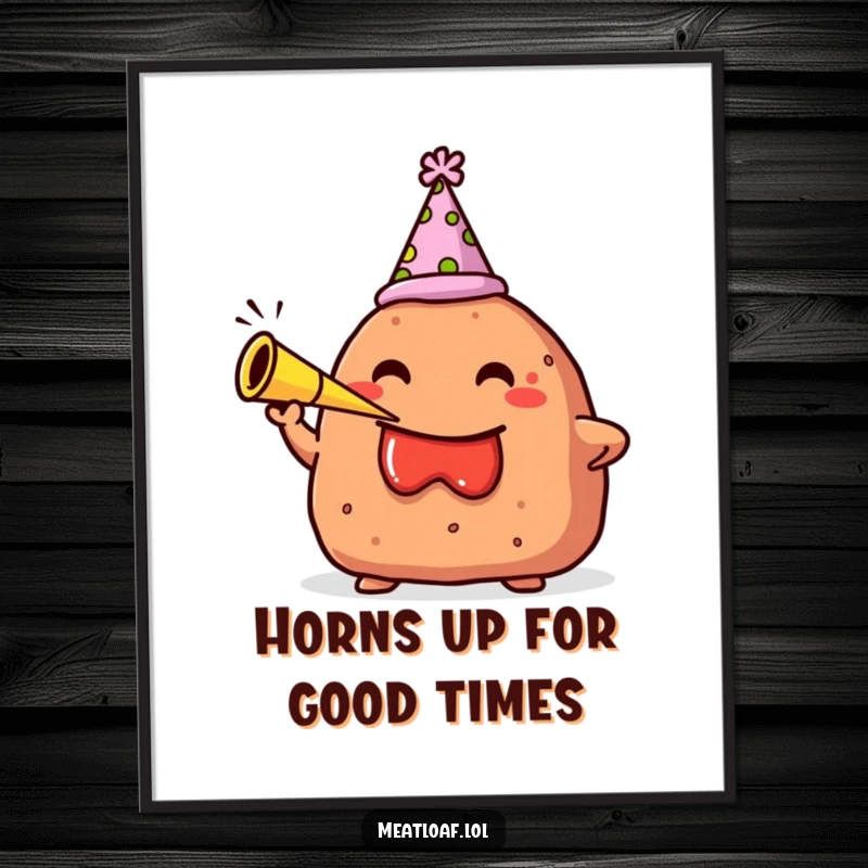 Funny Free Printable Wall Art: A meatloaf character in a party hat joyfully blows a small party horn, creating a festive scene.